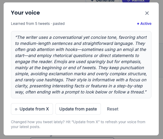 The Your voice panel showing a written analysis of a user's posting style
