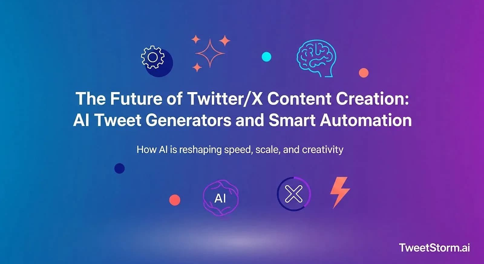 Different icons like bolt, brain, and gear on a gradient background with the main heading.