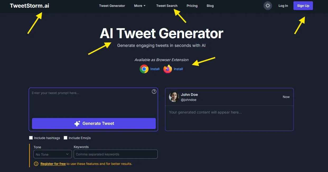 TweetStorm.ai homepage showing its features of AI Tweet Generator and hero section.