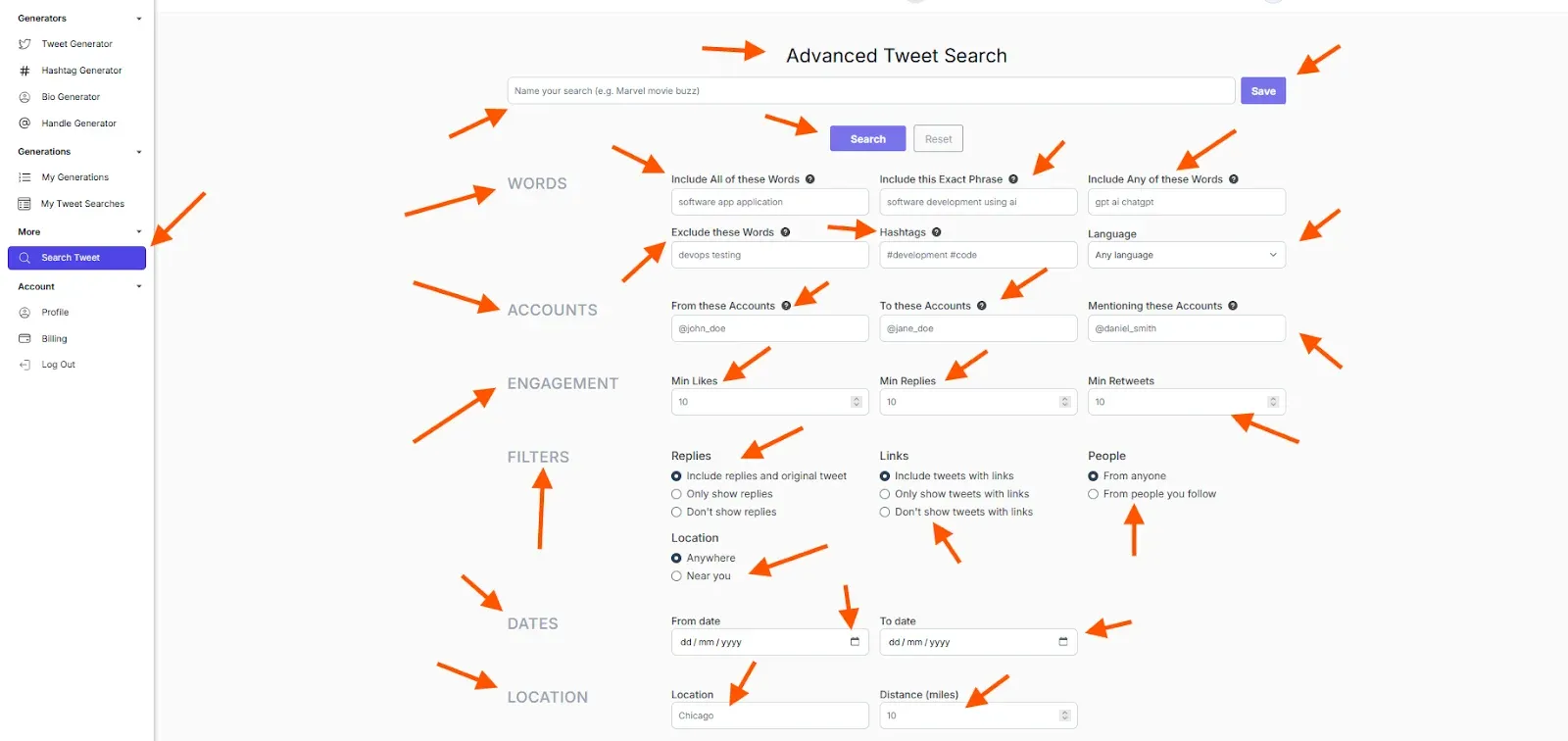 TweetStorm’s advanced tweet search interface with filters for words, accounts, dates and more.