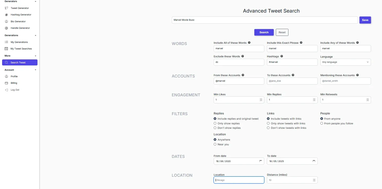 TweetStorm advanced tweet search panel with filters for words, accounts, date, links and location.