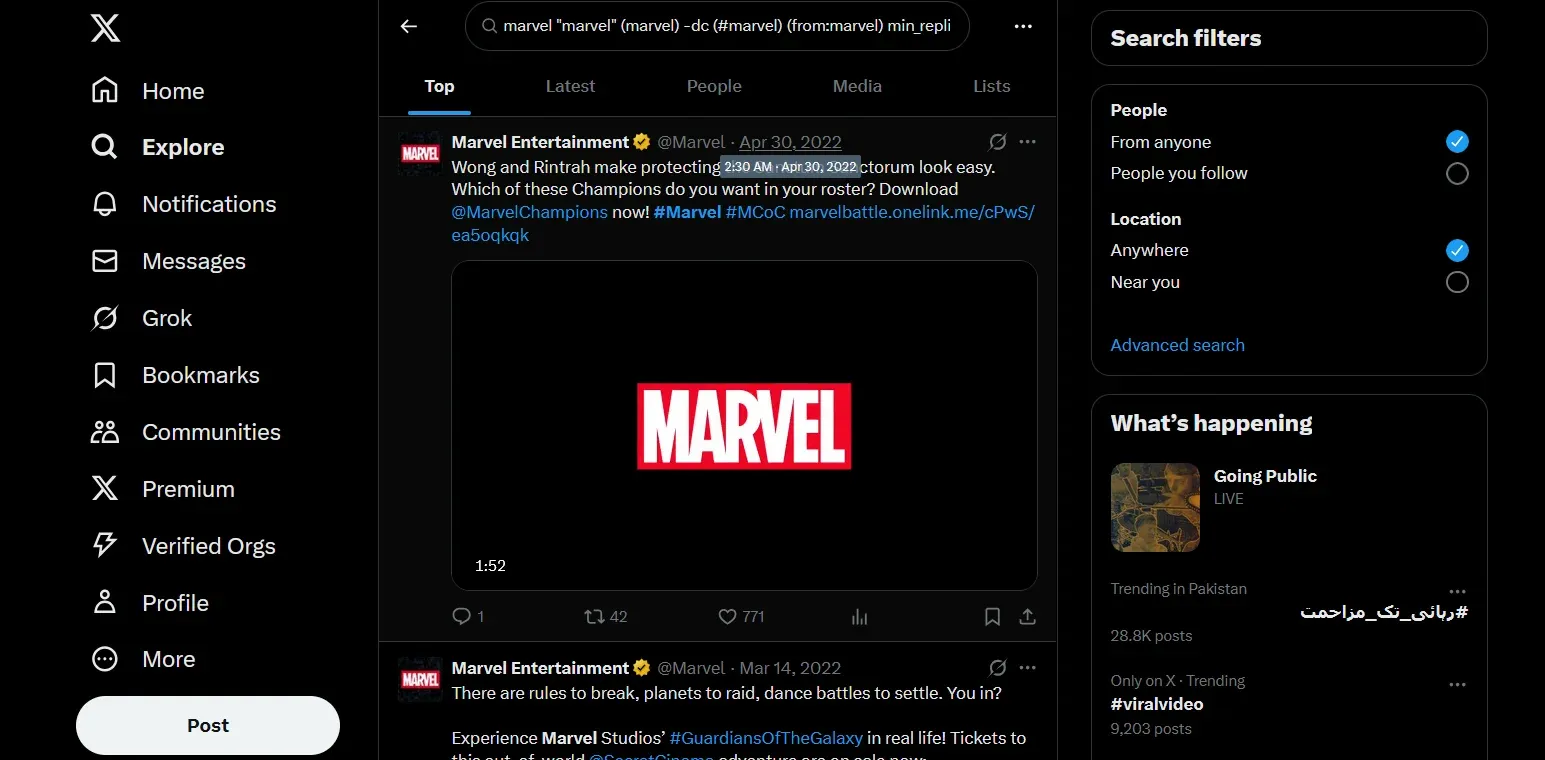 Twitter search results for Marvel with applied filters showing tweets, video and trending sidebar.