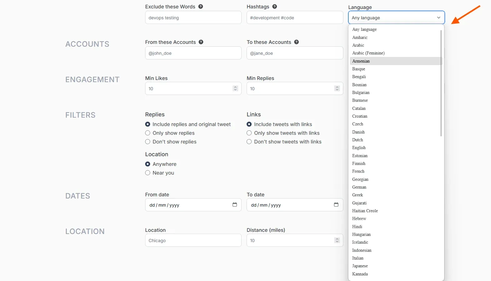 TweetStorm advanced search showing language filter dropdown with multiple language options visible.