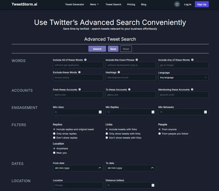 Guide showing 4 steps to use TweetStorm’s advanced tweet search tool with icons and brief tips.