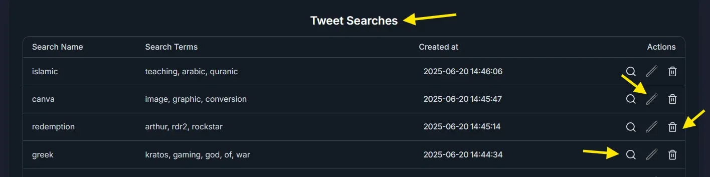 TweetStorm’s advanced tweet search interface with Tweet searches section showing options like edit and delete.