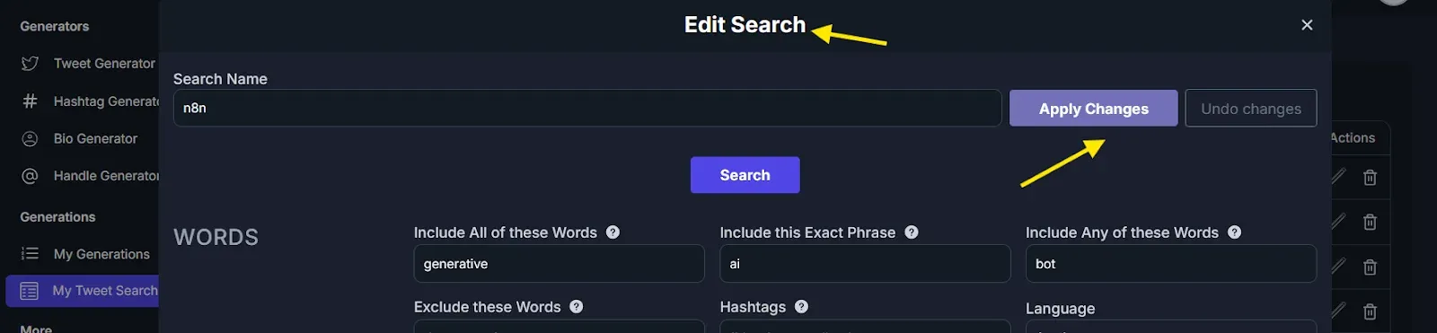 TweetStorm’s advanced tweet search interface with Tweet searches section showing how to edit search.