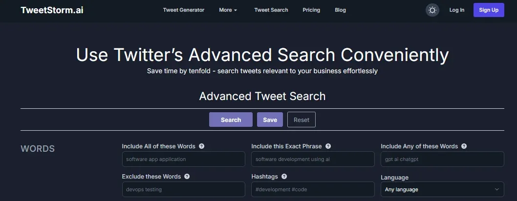 TweetStorm’s advanced tweet search interface with filters for words, hashtags and languages