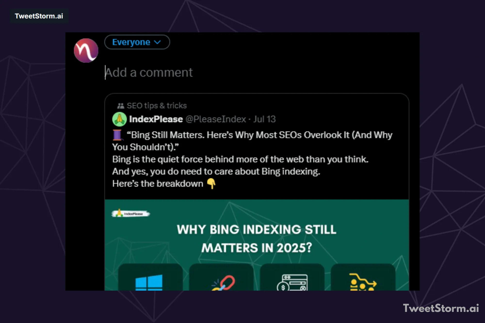 Drafting a quote on a post by IndexPlease on X , TweetStormAI