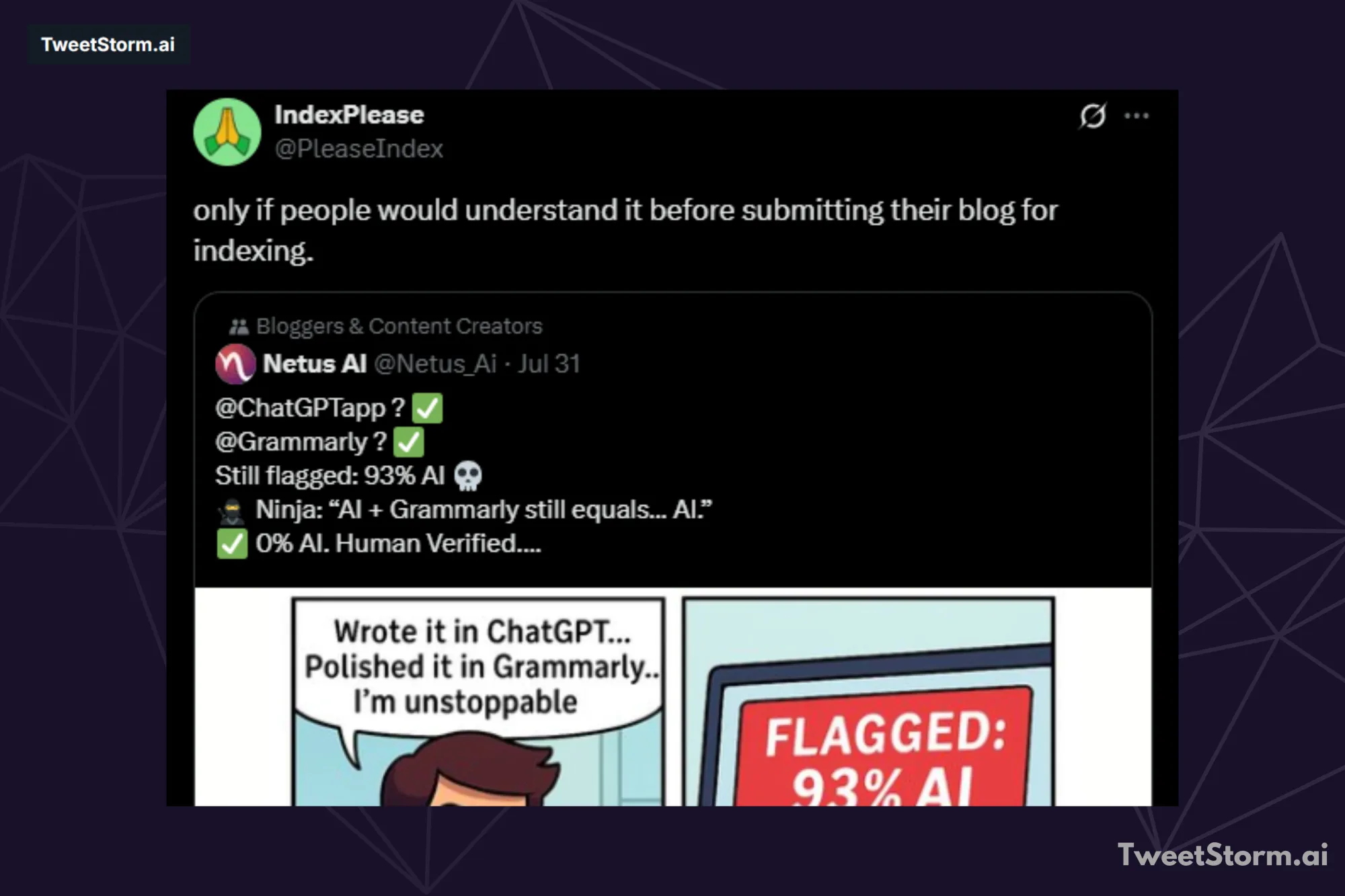 Engage with Twitter/X memes, TweetStormAI