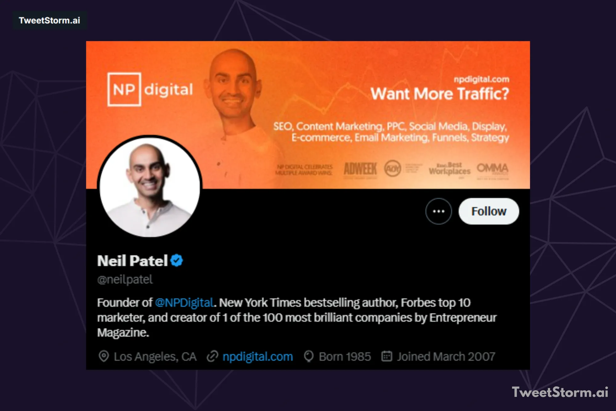 Profile bio of Neil Patel on X account, TweetStormAI