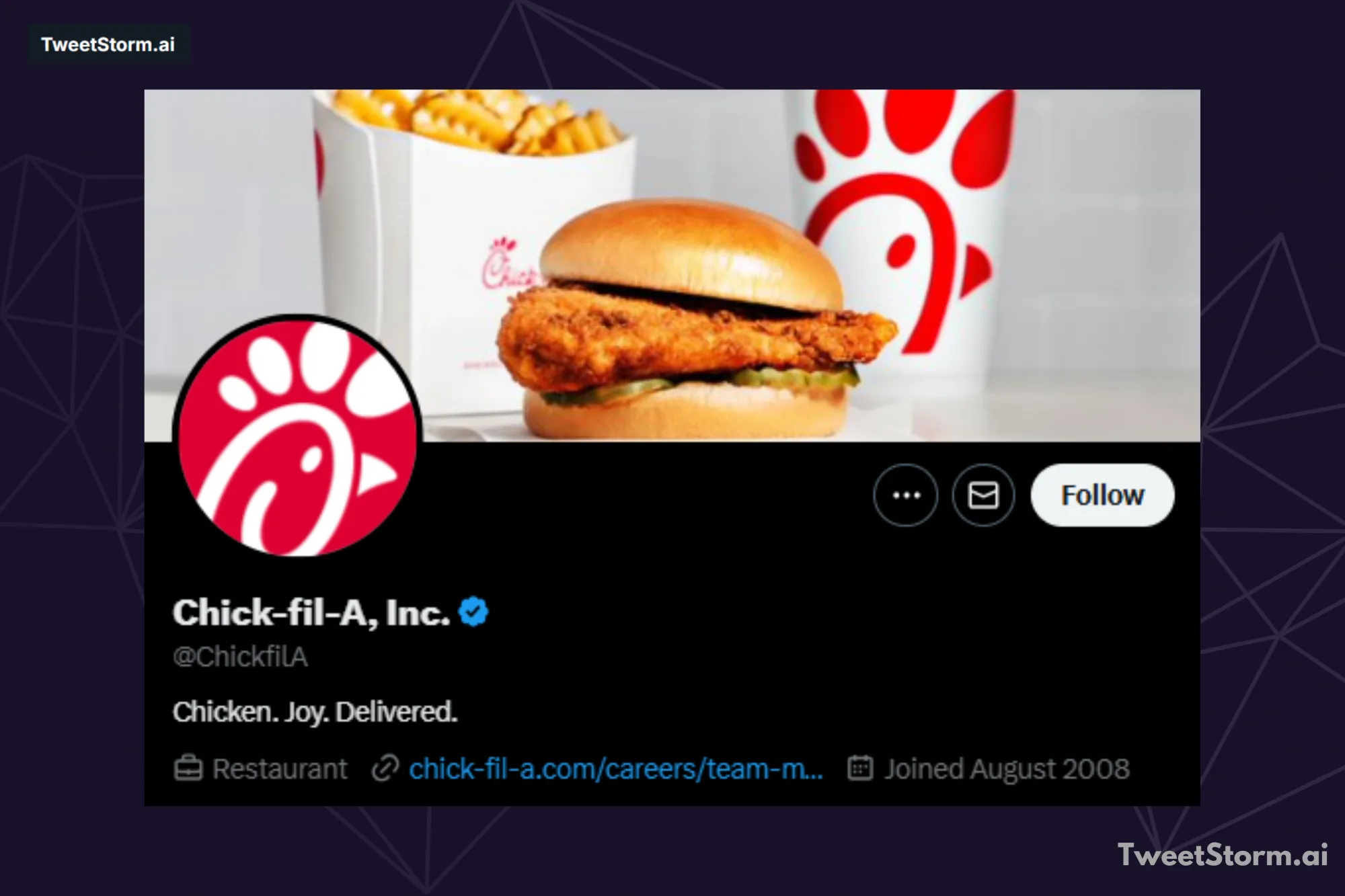 Profile bio of Chick-fil-A on X account, TweetStormAI