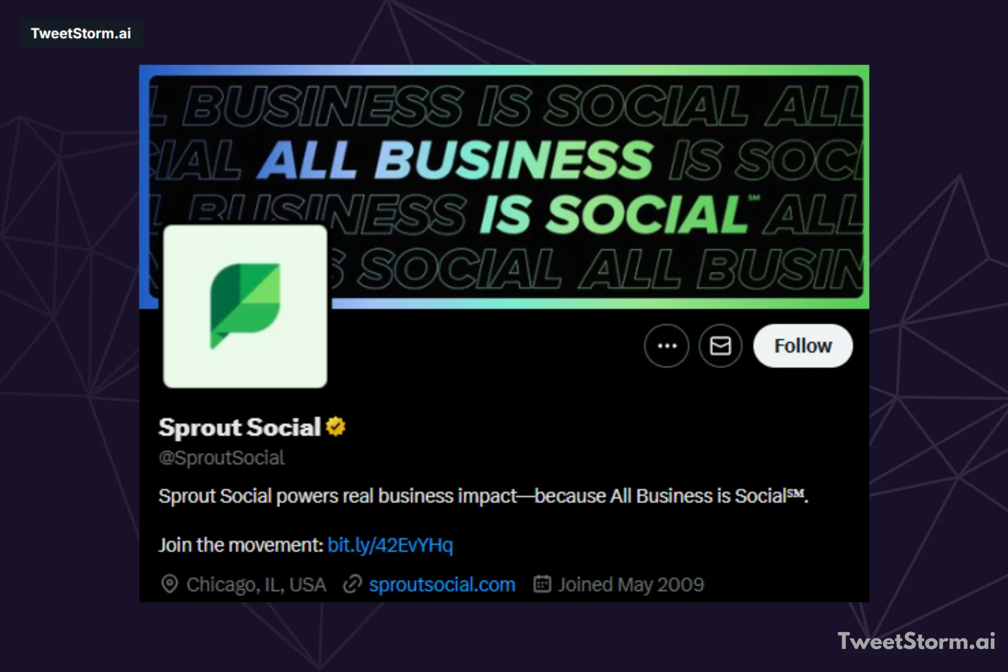 Profile bio of Sprout Social on X account, TweetStormAI