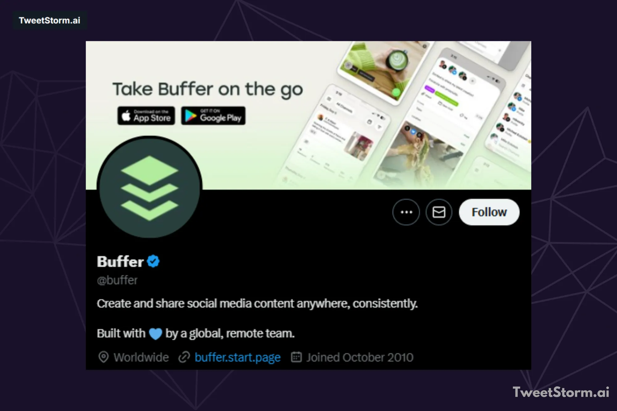 Profile bio of Buffer on X account, TweetStormAI