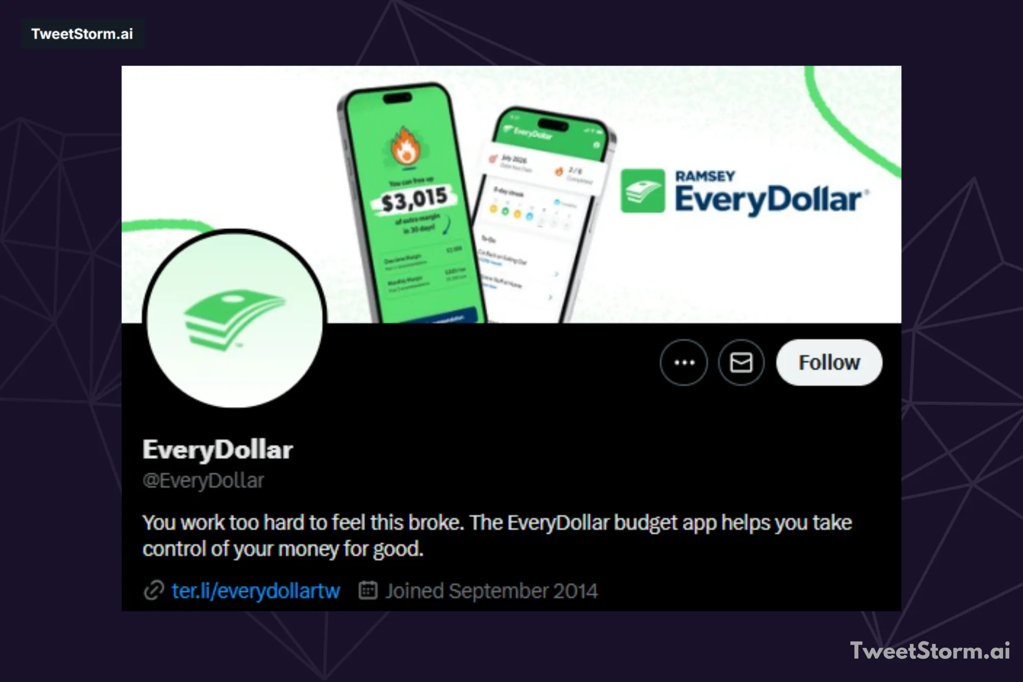 Profile bio of EveryDollar on X account, TweetStormAI