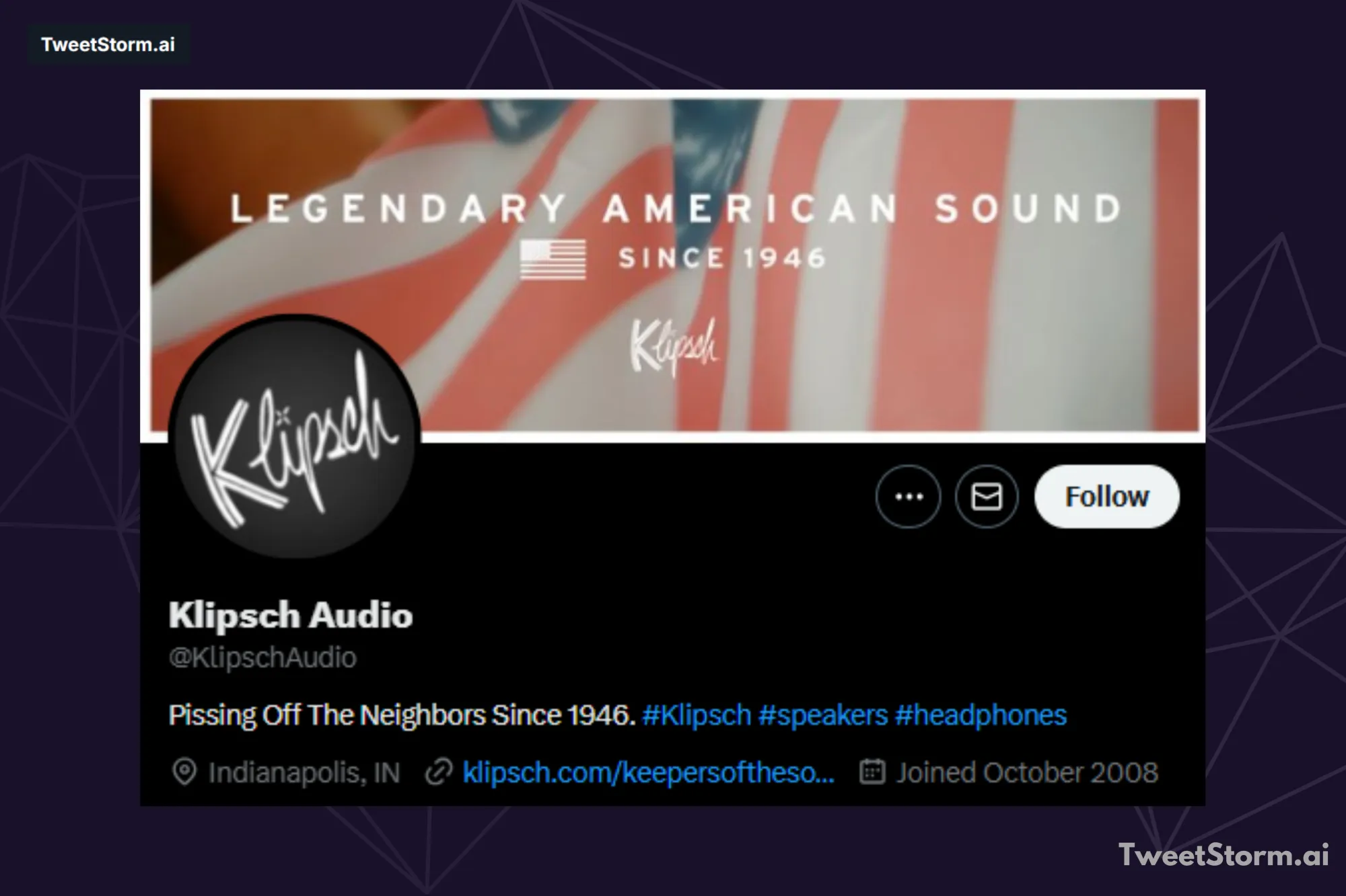 Profile bio of KlipschAudio on X account, TweetStormAI