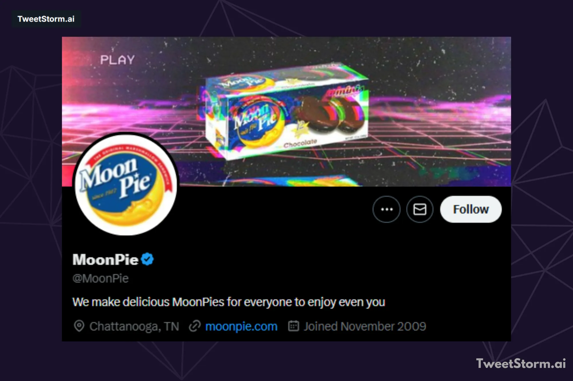 Profile bio of MoonPie on X account, TweetStormAI