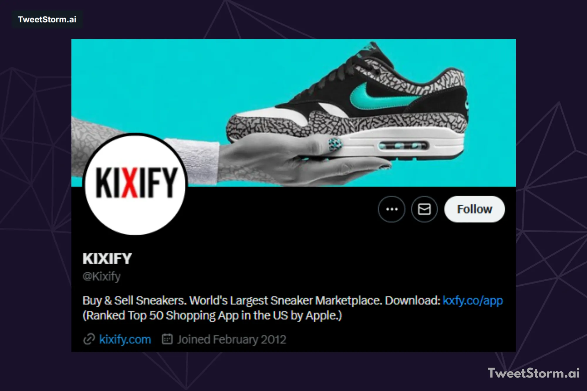 Profile bio of Kixify on X account, TweetStormAI