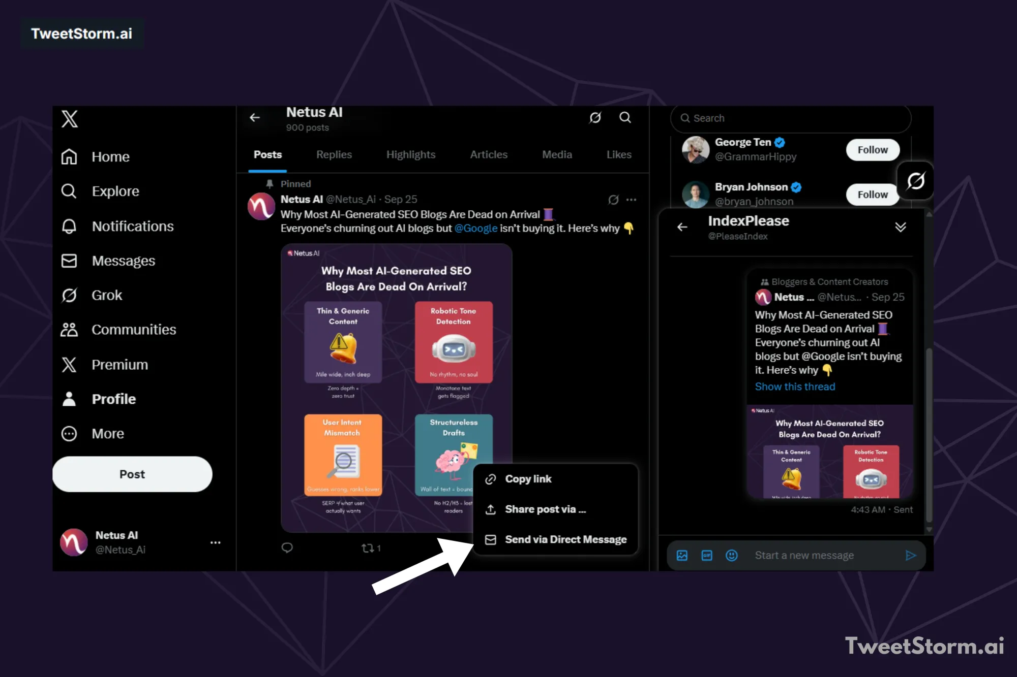 Sending a Post Through Direct Message, TweetStormAI