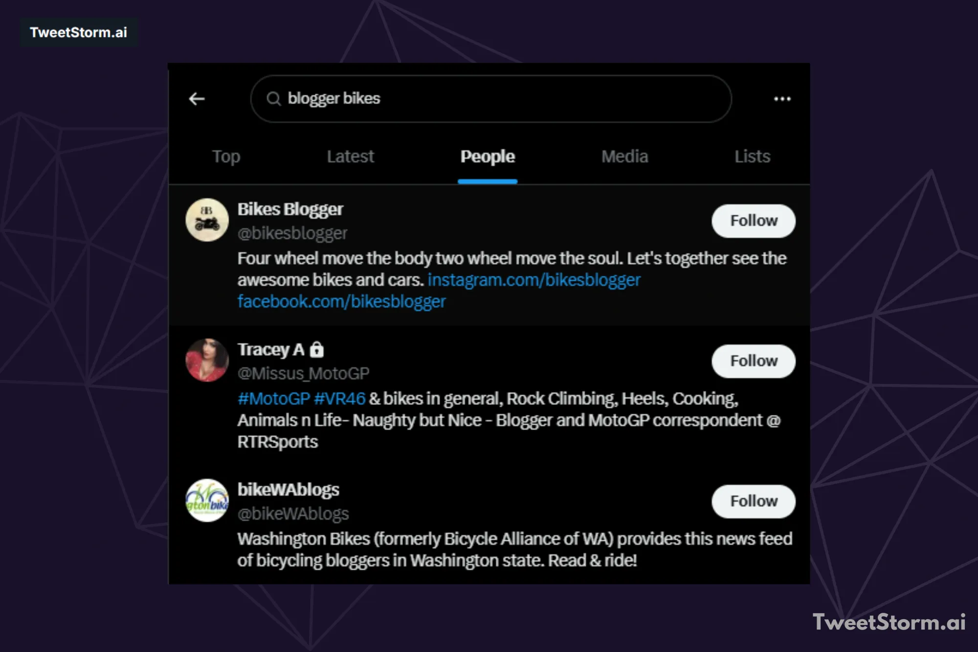 Search for “Blogger Bike” on X, TweetStormAI