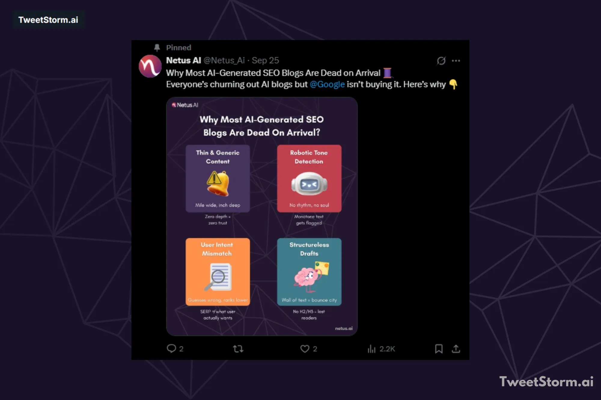 Pinned tweet of NetusAI on X account, TweetStormAI