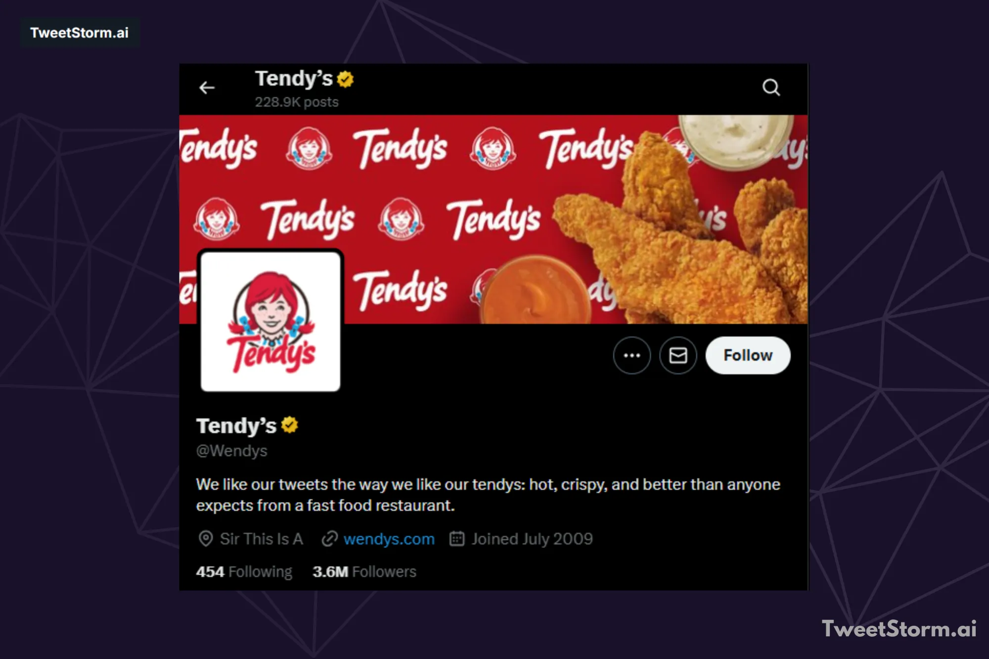 Profile of Wendy’s on X/Twitter, TweetStormAI