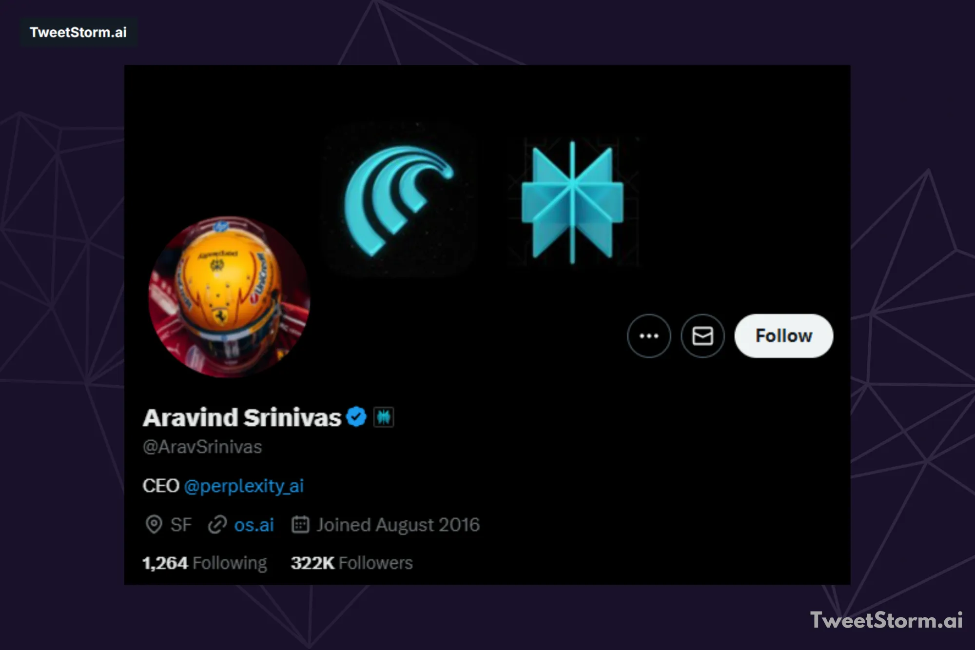 X/Twitter profile of Aravind Sirnivas, TweetStormAI