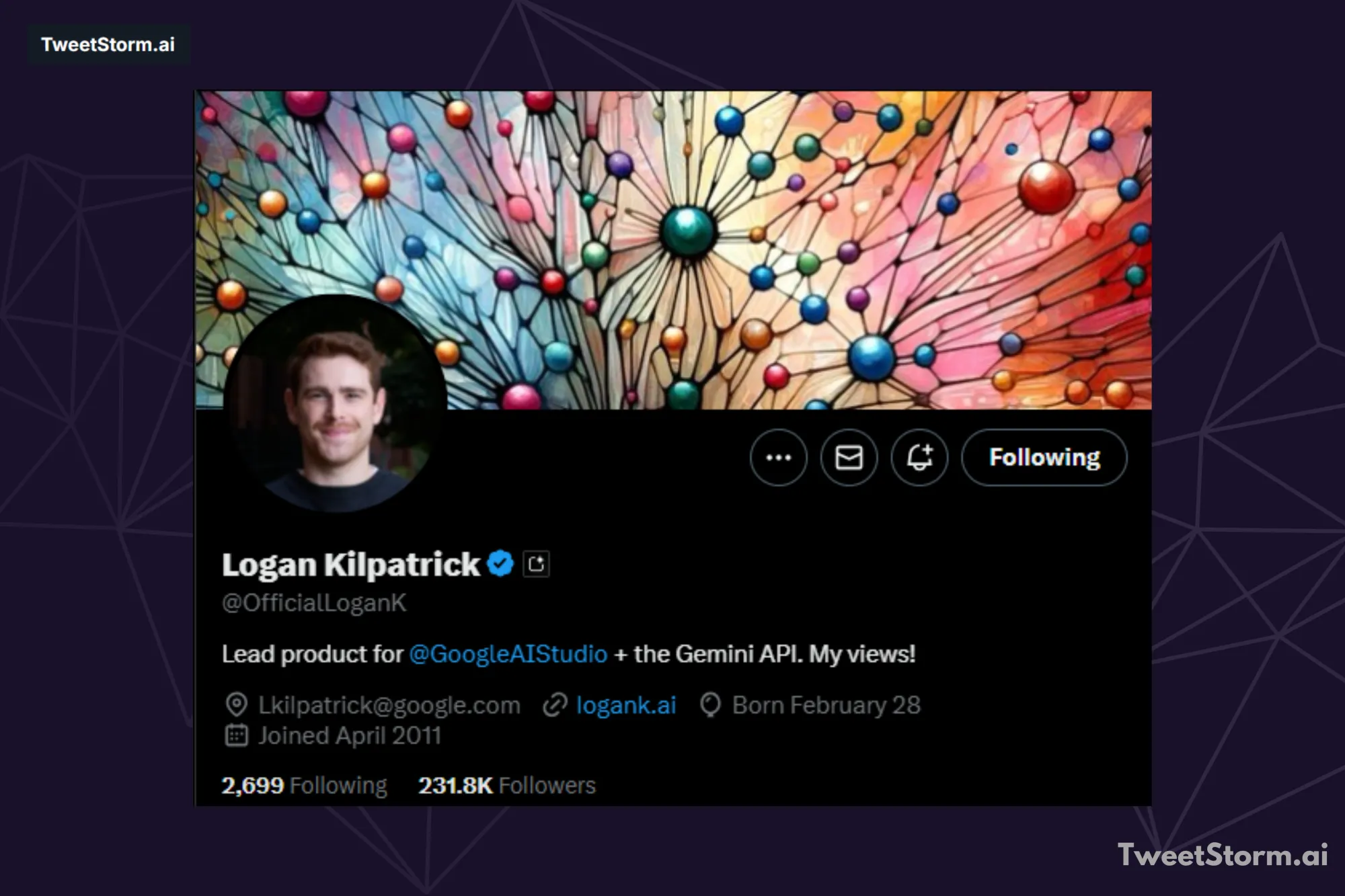 X/Twitter profile of Logan Kilpatrick, TweetStormAI