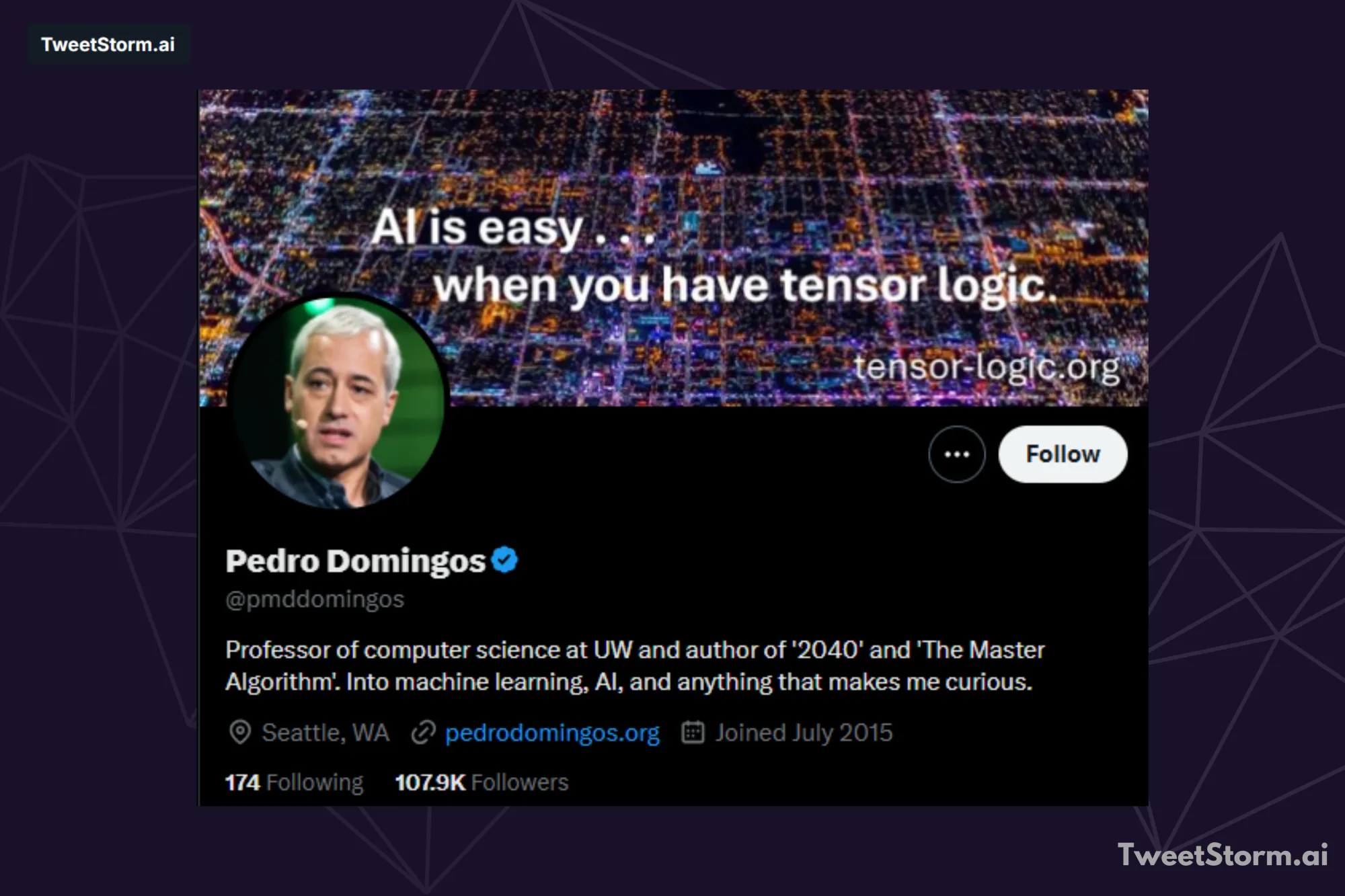 X/Twitter profile of Pedro Domingos, TweetStormAI