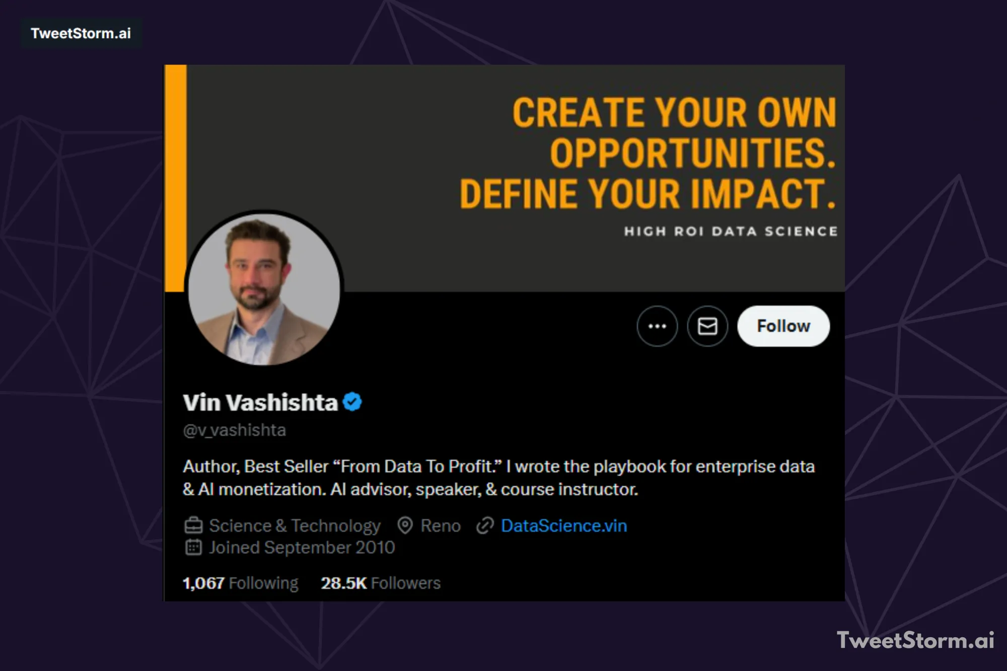 X/Twitter profile of Vin Vashista, TweetStormAI