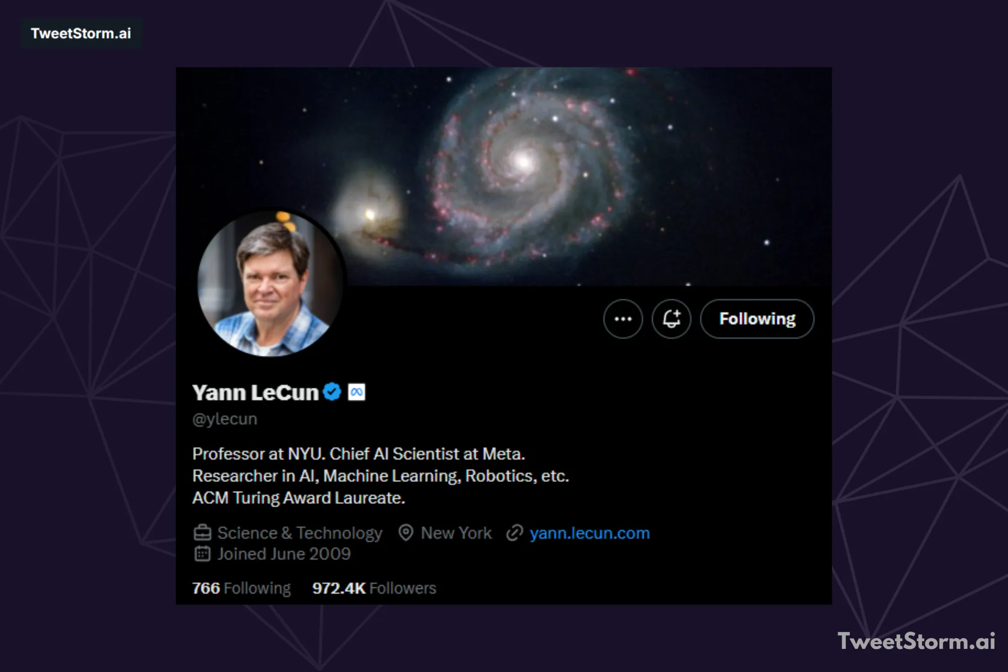 X/Twitter profile of Yann LeCun, TweetStormAI