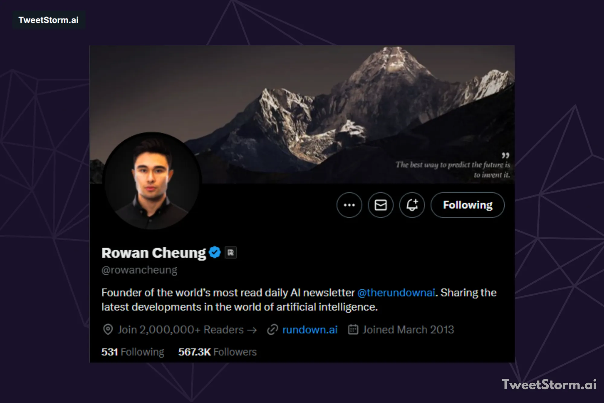 X/Twitter profile of Rowan Cheung, TweetStormAI