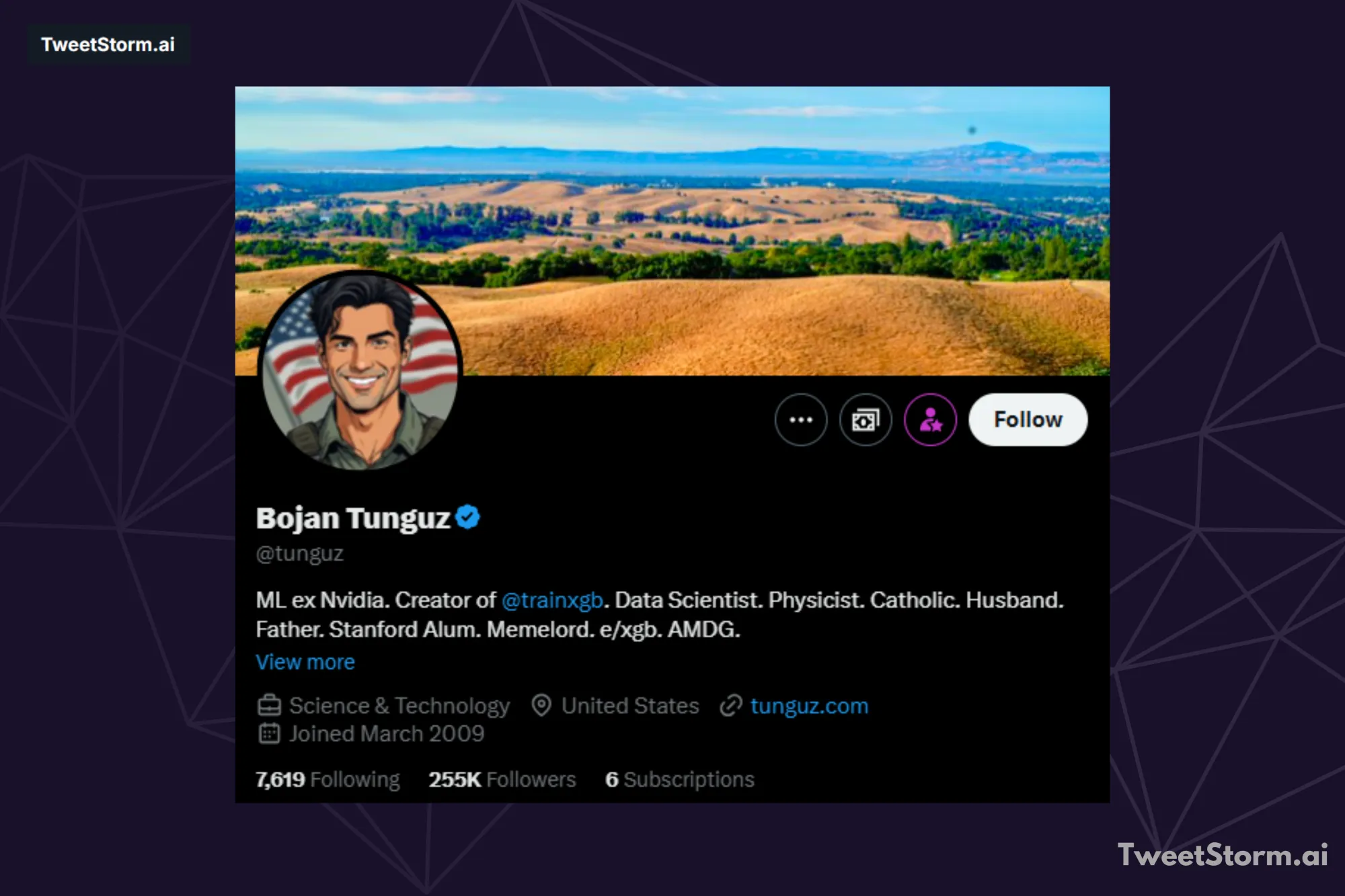 X/Twitter profile of Bojan Tunguz, TweetStormAI