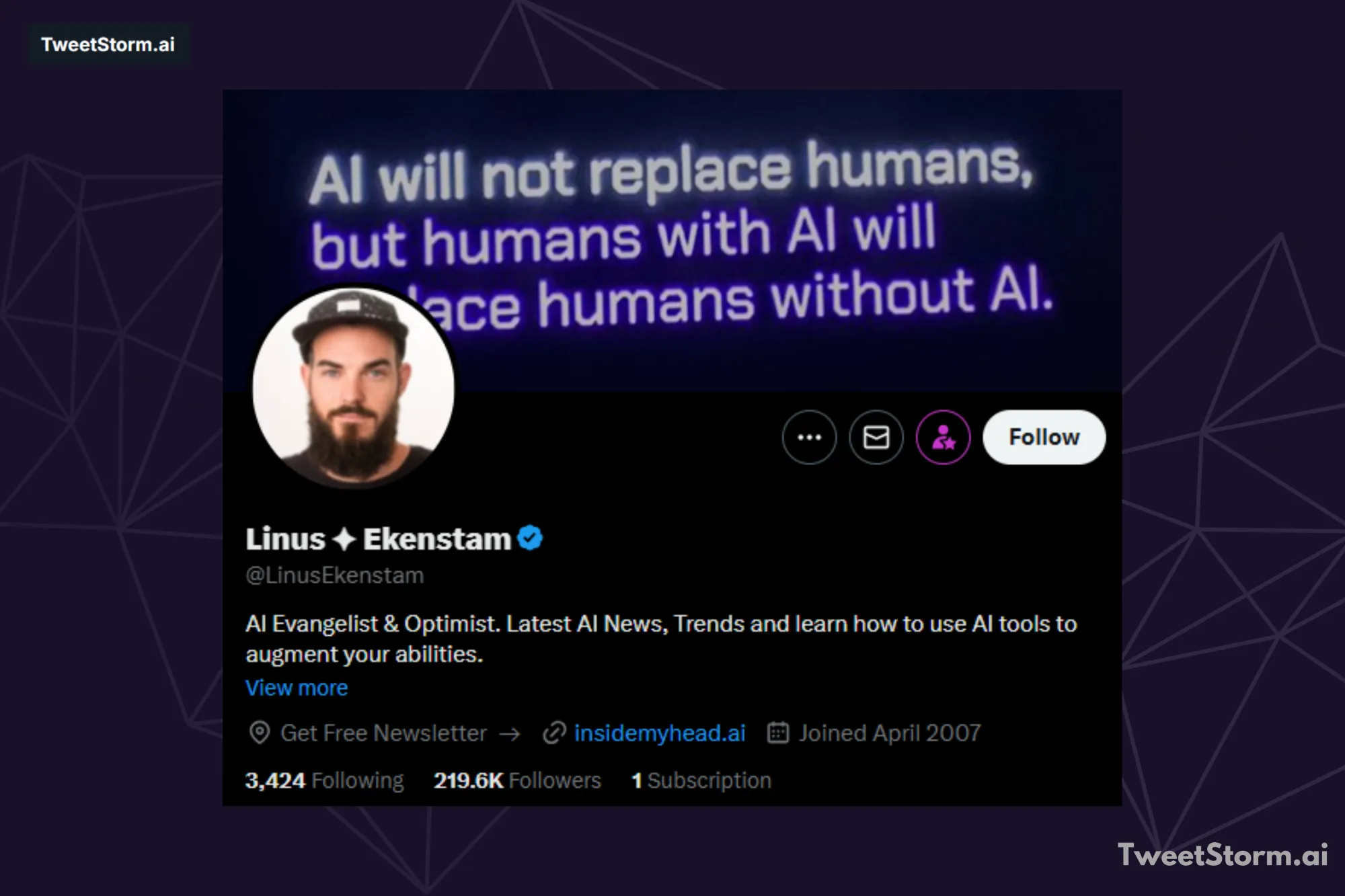 X/Twitter profile of Linus Ekenstam, TweetStormAI