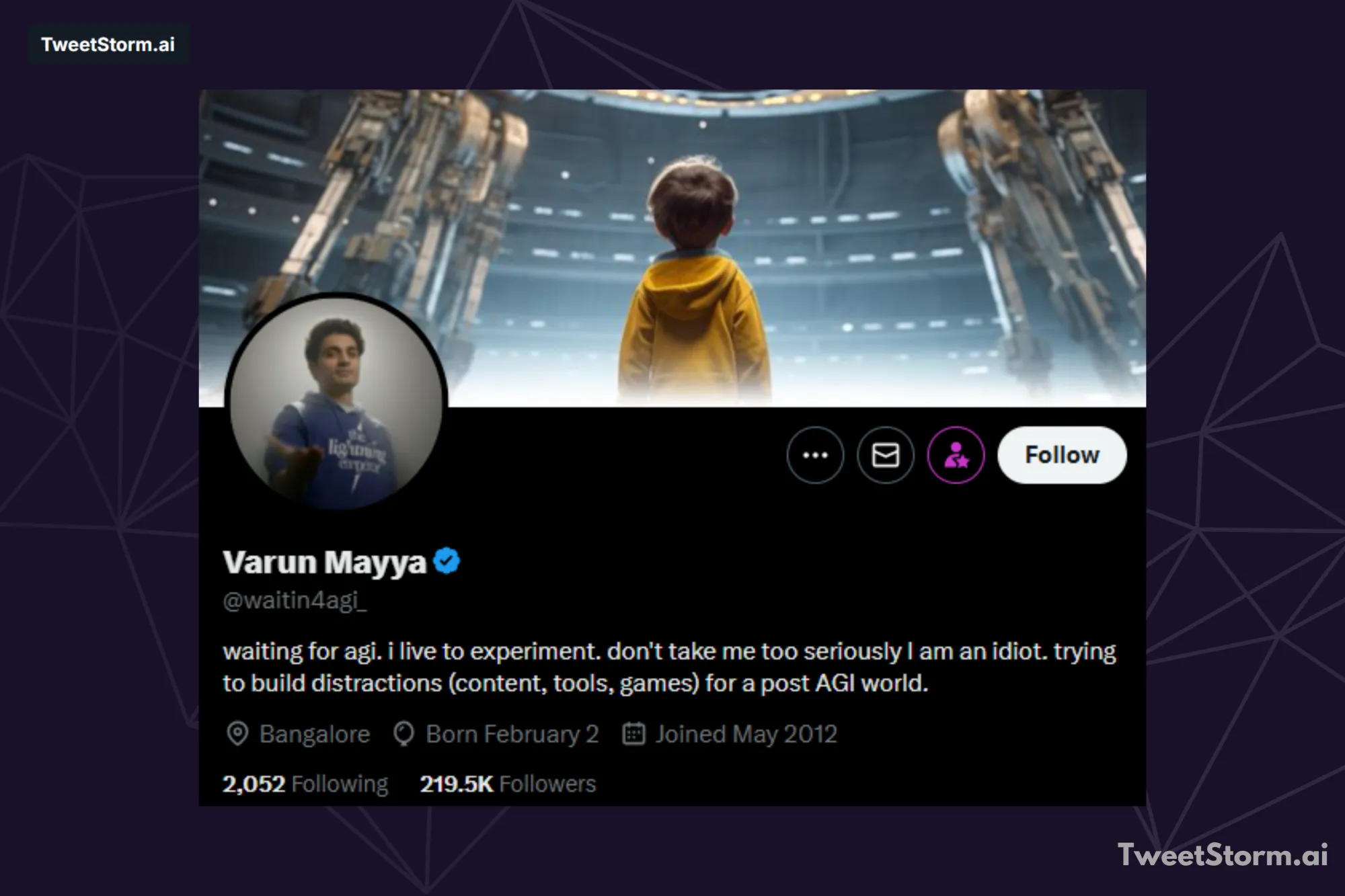 X/Twitter profile of Varun Mayya, TweetStormAI