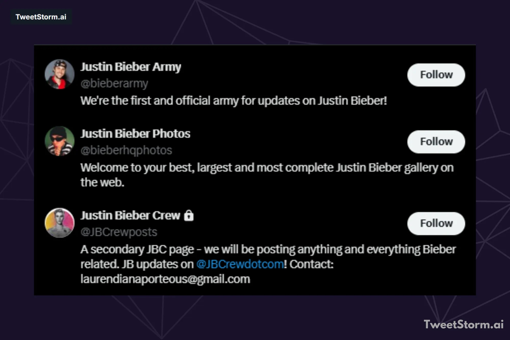 Multiple fan accounts of Justin Bieber on X, TweetStormAI