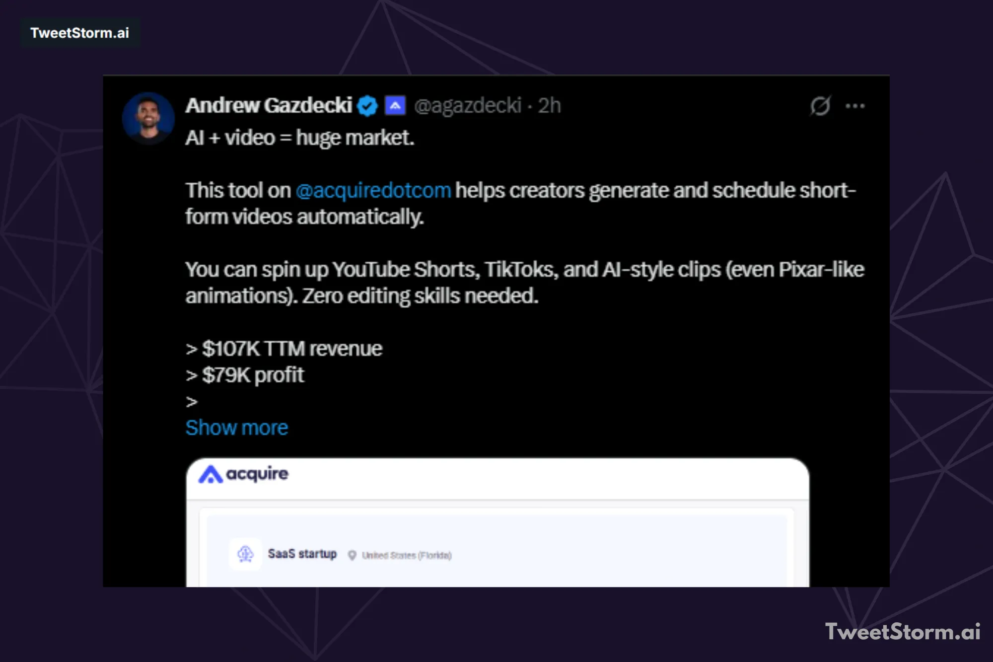 Post by Andrew Gazdecki X account, TweetStormAI