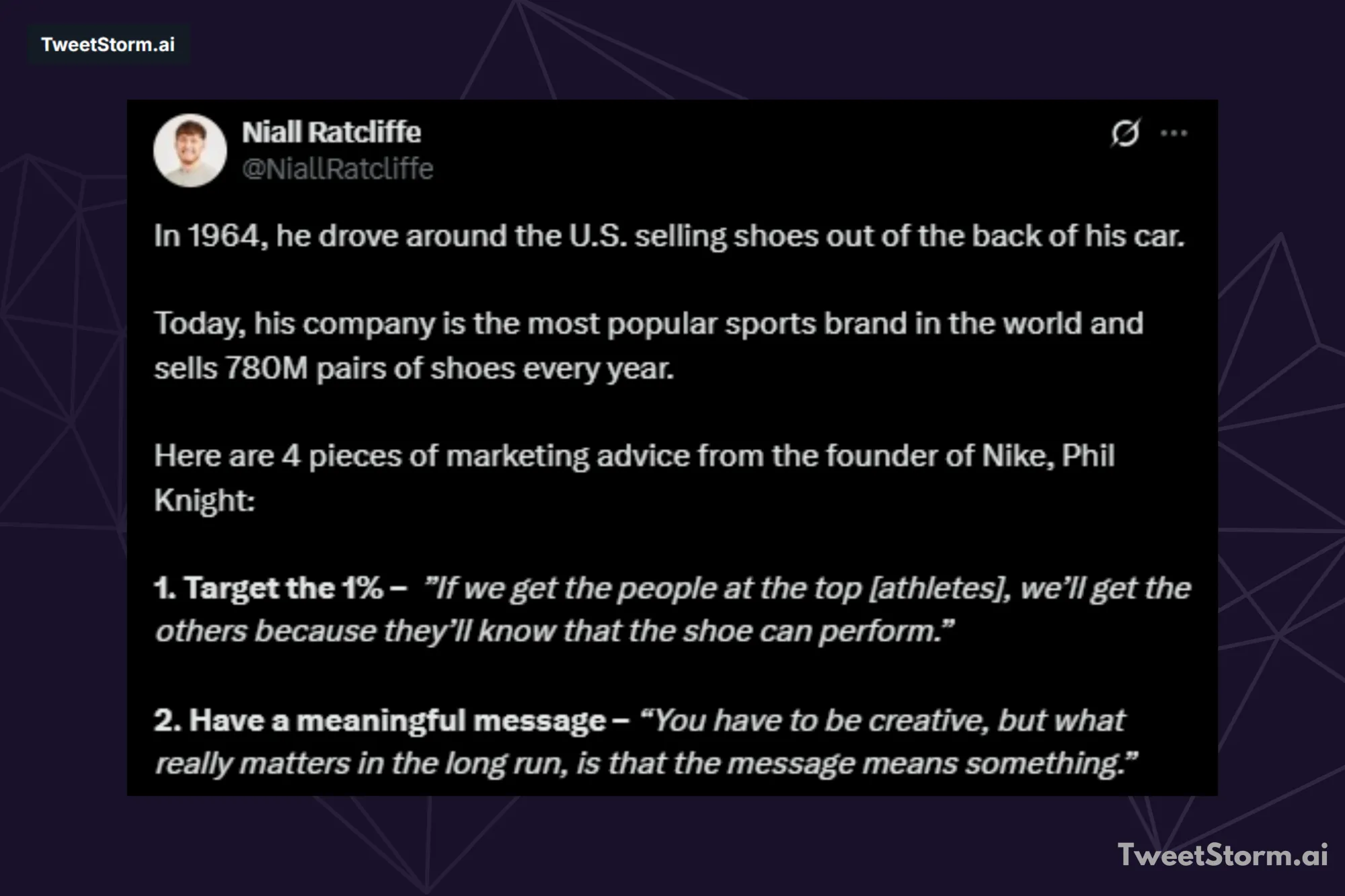 Post by Niall Ratcliffe on X account, TweetStormAI