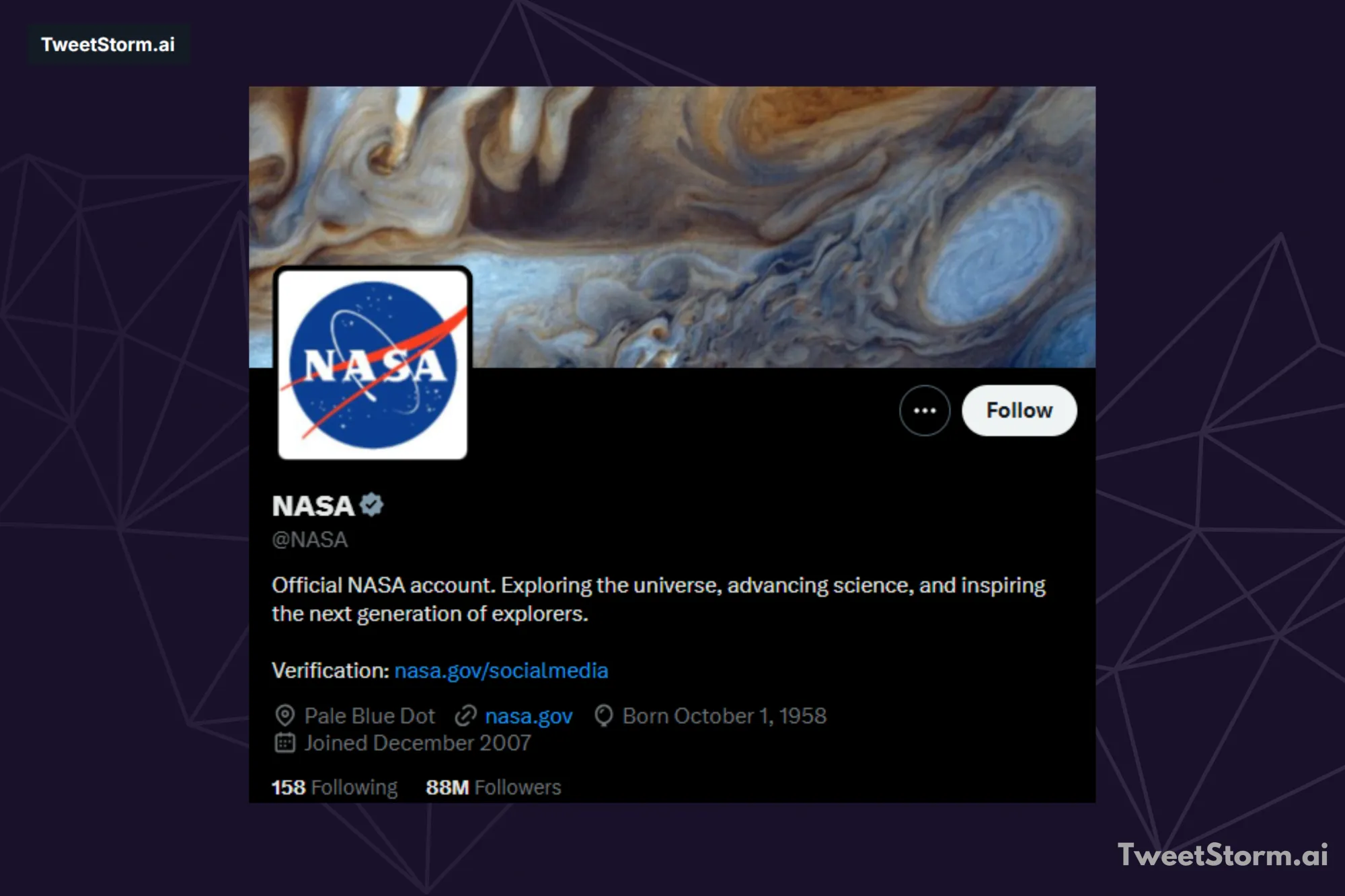 X profile of NASA, TweetStormAI