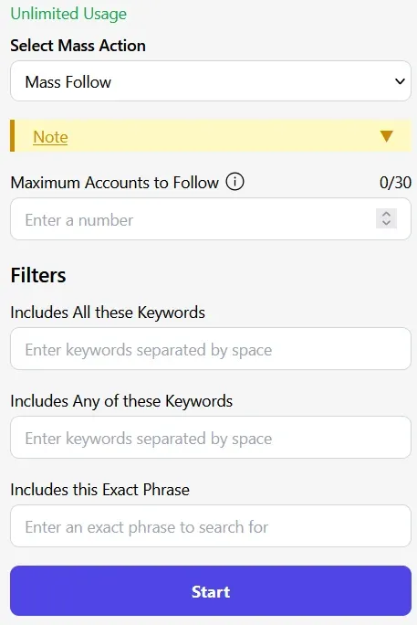 Mass follow action extension popup showing filters, TweetStromAI