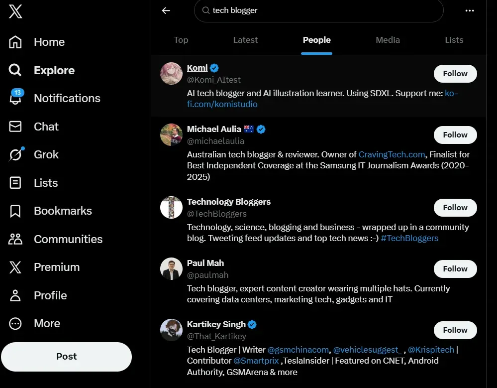 screenshot of Twitter/X search for Technology Bloggers, TweetStorm.ai