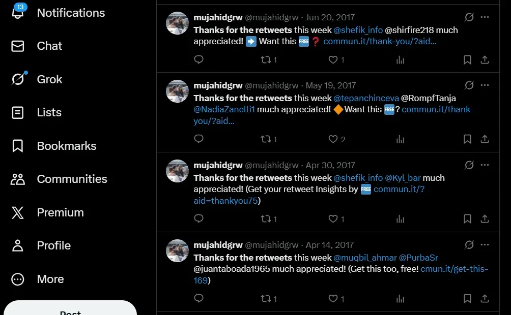 screenshot of spam on twitter, TweetStorm.ai