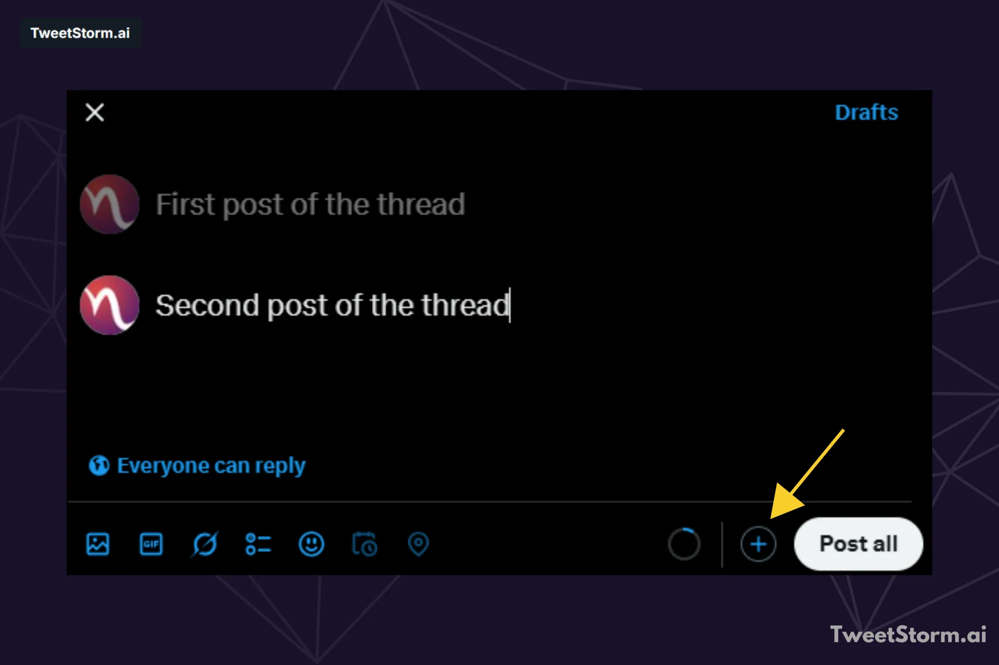 Add a new tweet by clicking the + button, TweetStormAI