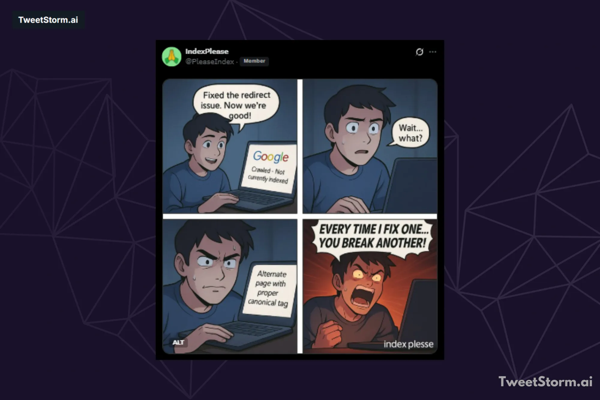 Post by IndexPlease on X/Twitter, TweetStormAI