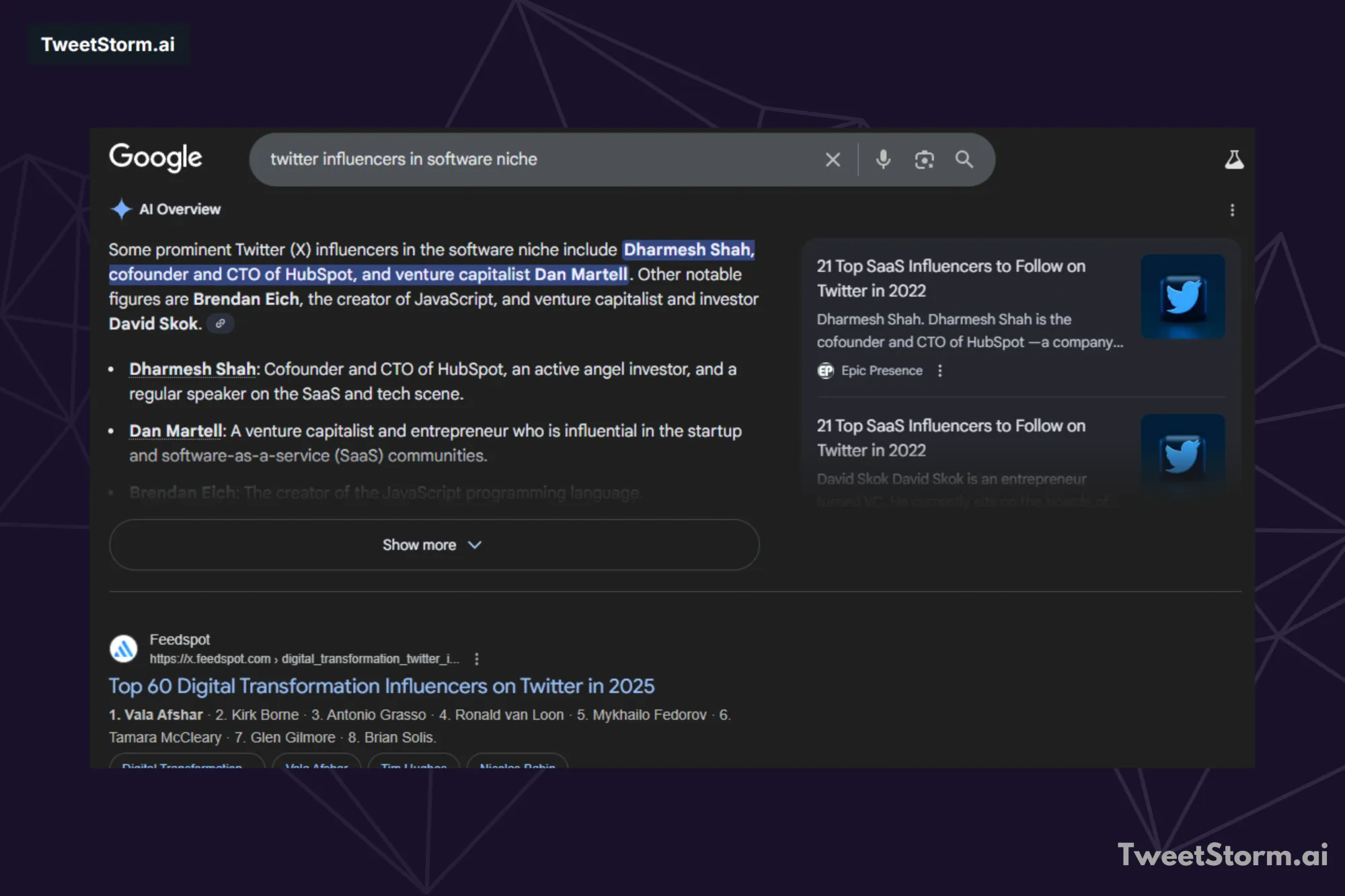 Google search results for Twitter influencers, TweetStormAI