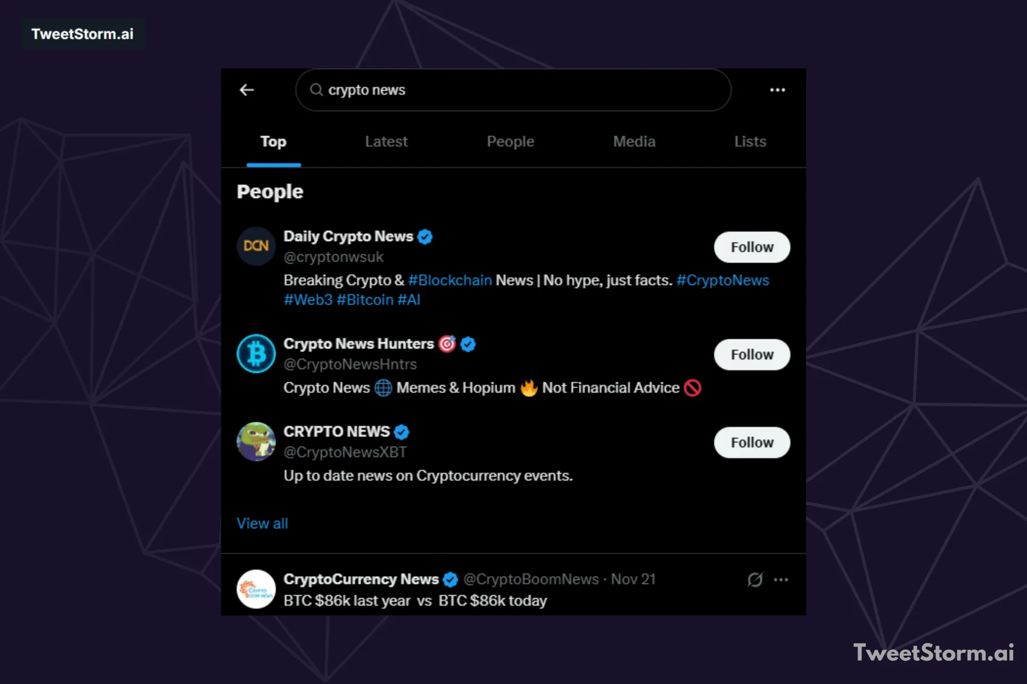 Utilize Twitter's internal search function, TweetStormAI