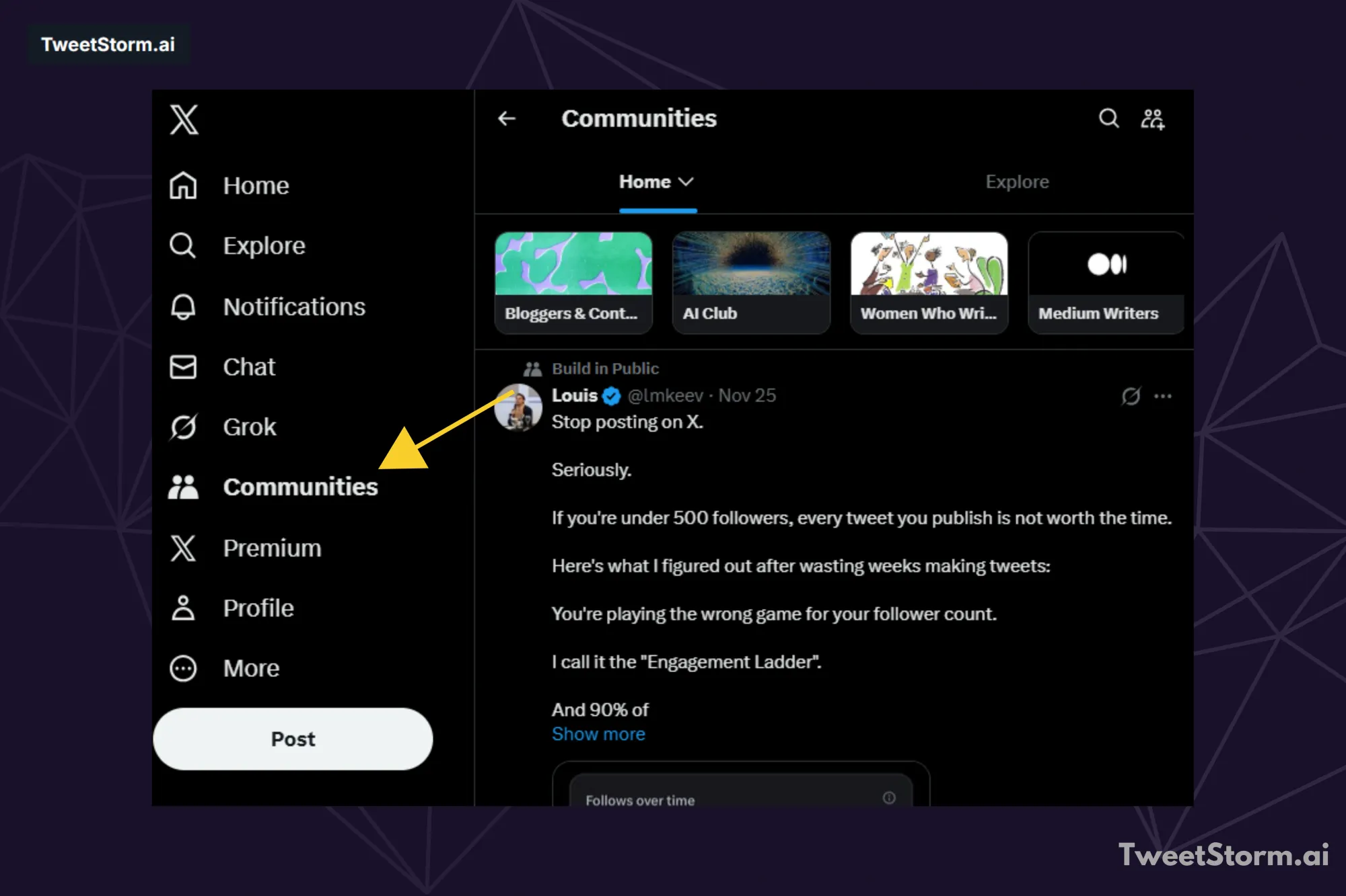 Develop a Connection through communities on X, TweetStormAI