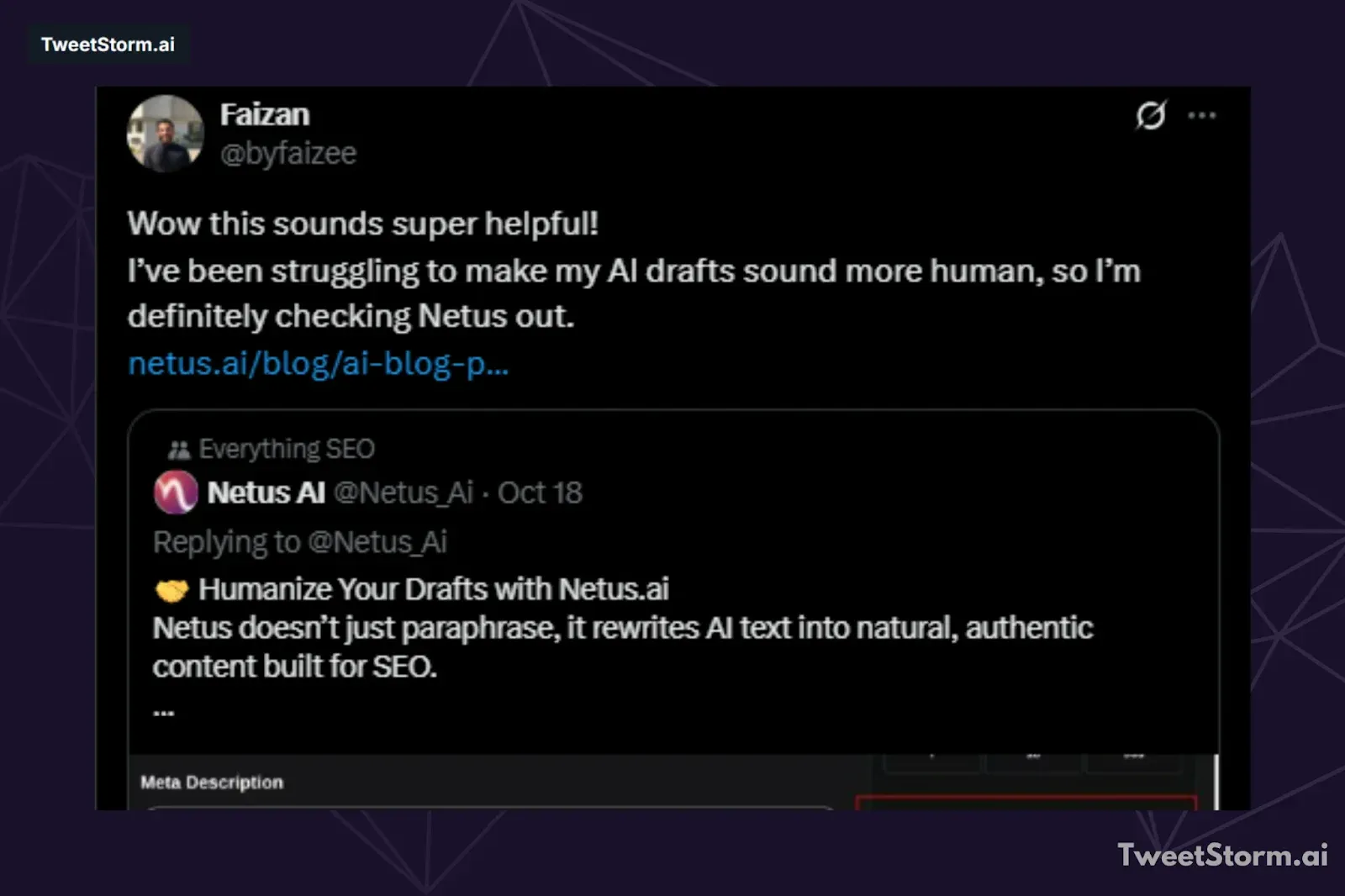 screenshot of a quoted tweet, TweetStorm.ai