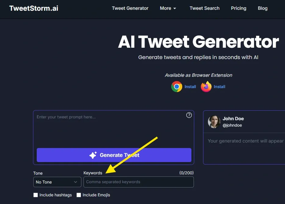 Keyword-optimized profile and tweets with AI, TweetStormAI