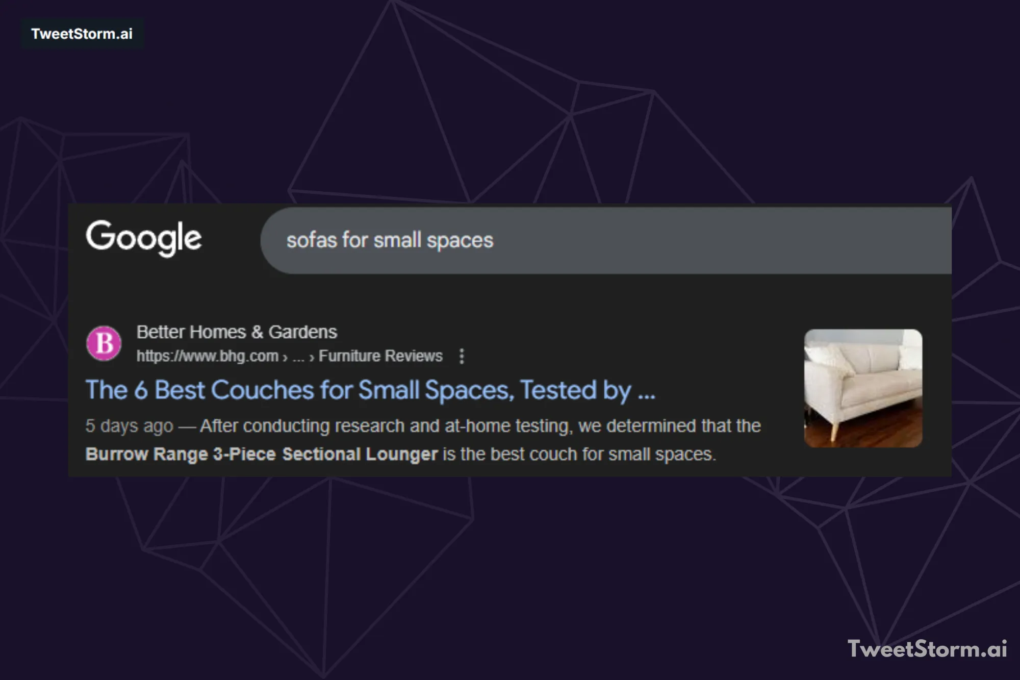 Google’s search result for sofas, TweetStormAI
