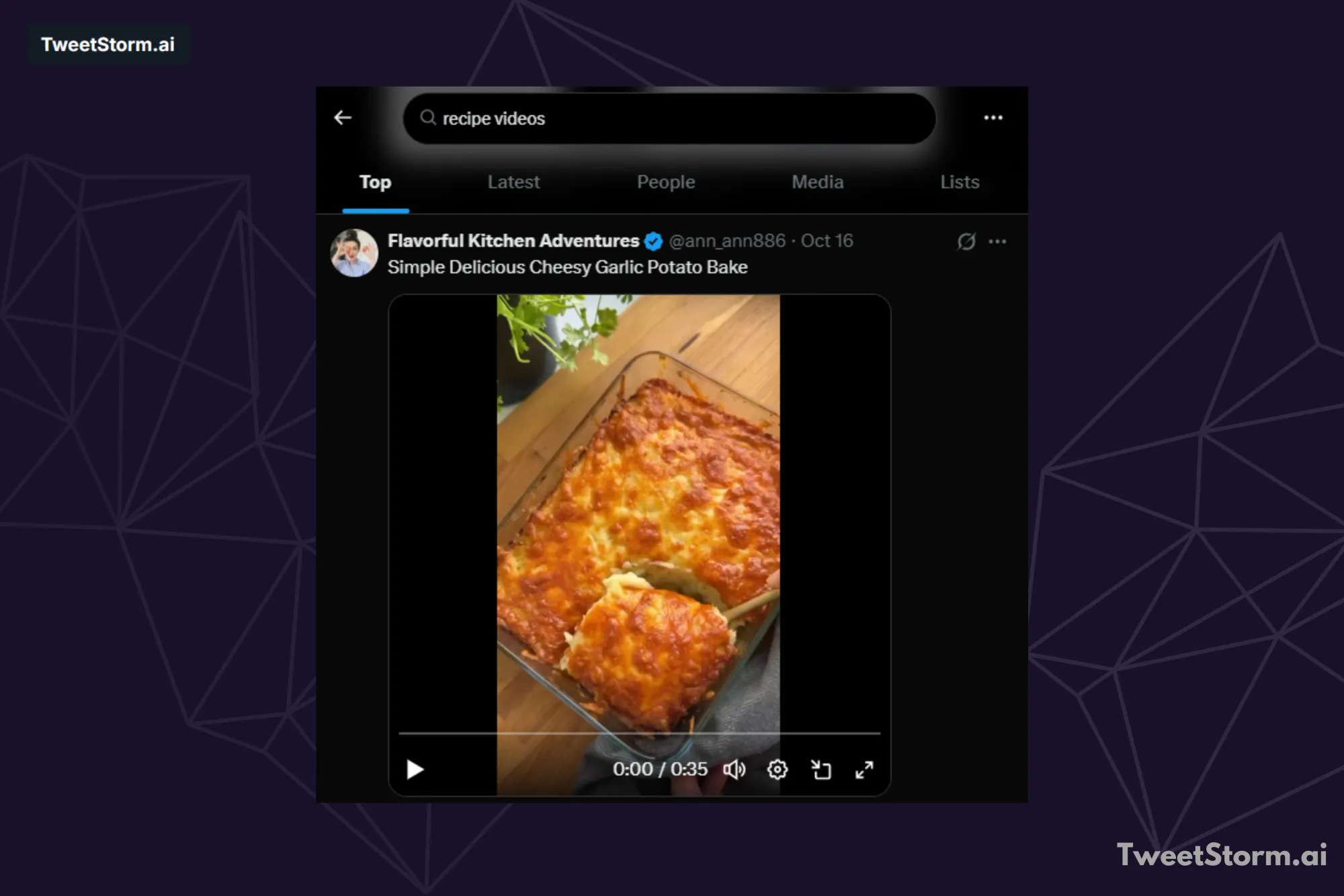 Search result for “recipe videos” on X, TweetStormAI